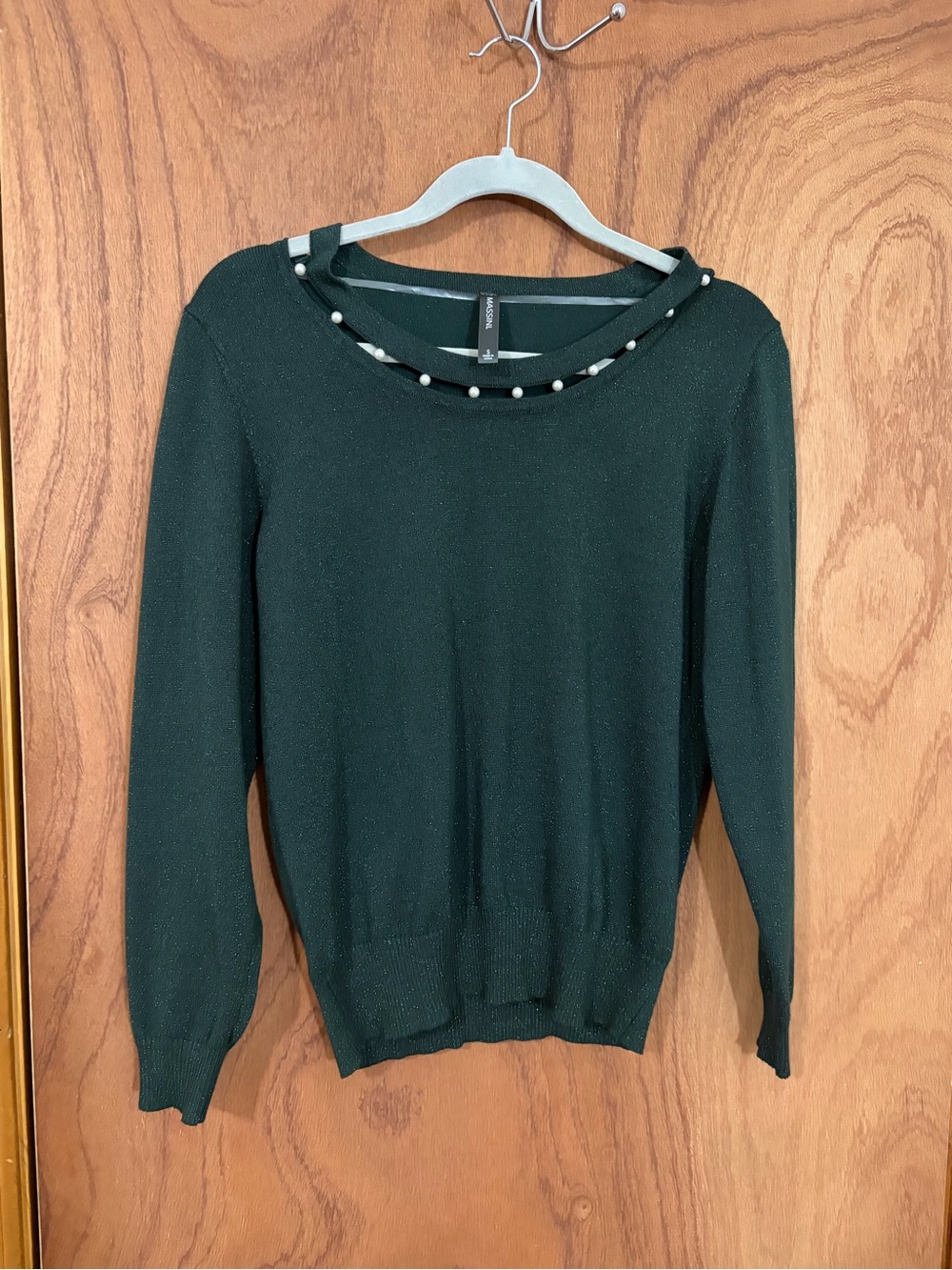 Massini Dark Green Crewneck Sweater with Pearl Trim